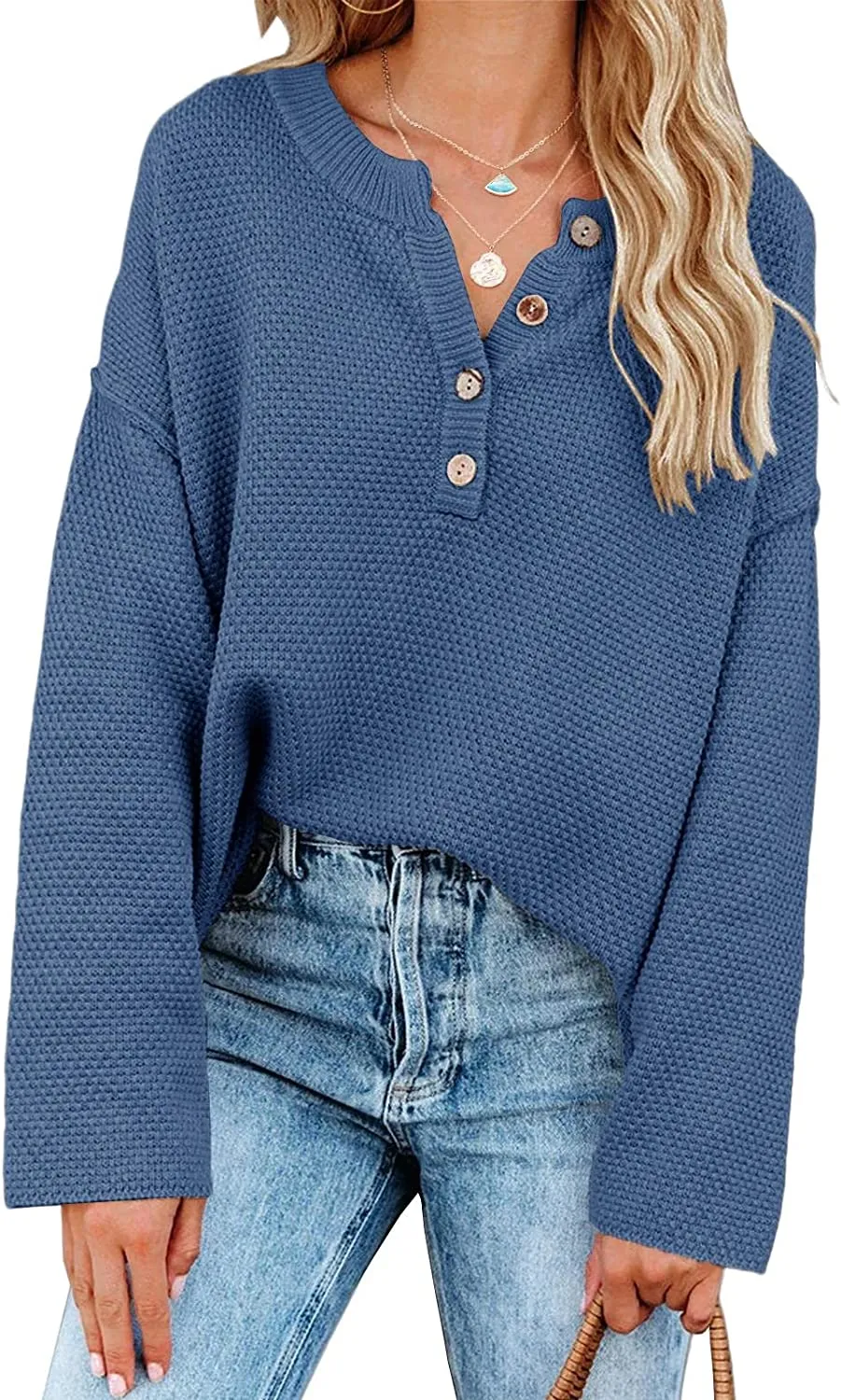 Women's Oversized Sweaters Batwing Long Sleeve Loose V Neck Button Henley Tops Pullover Knit Jumper