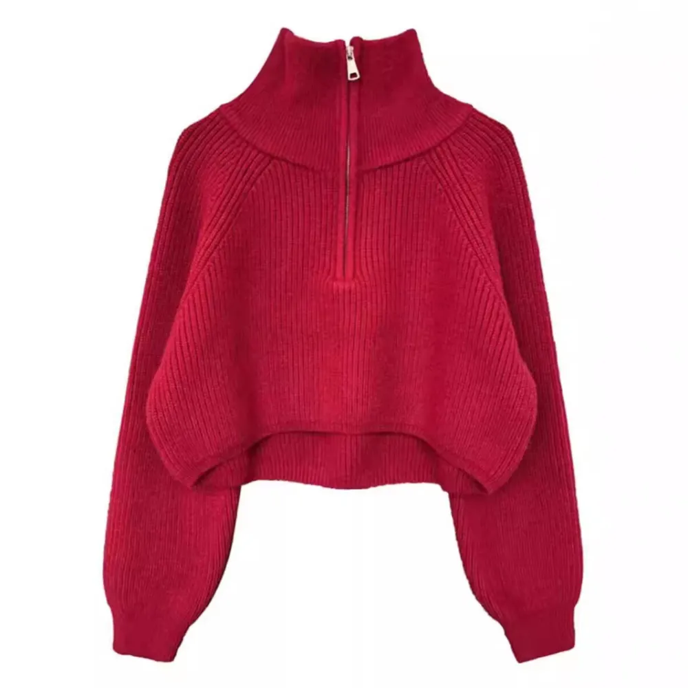 Retro Half Zip Cropped Bat Sleeve Pullover Sweater