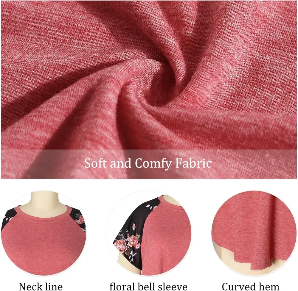 HDLTE Womens Plus Size Tops Floral Bell Sleeves Blouses Summer Crewneck Tunic Loose Casual T Shirts