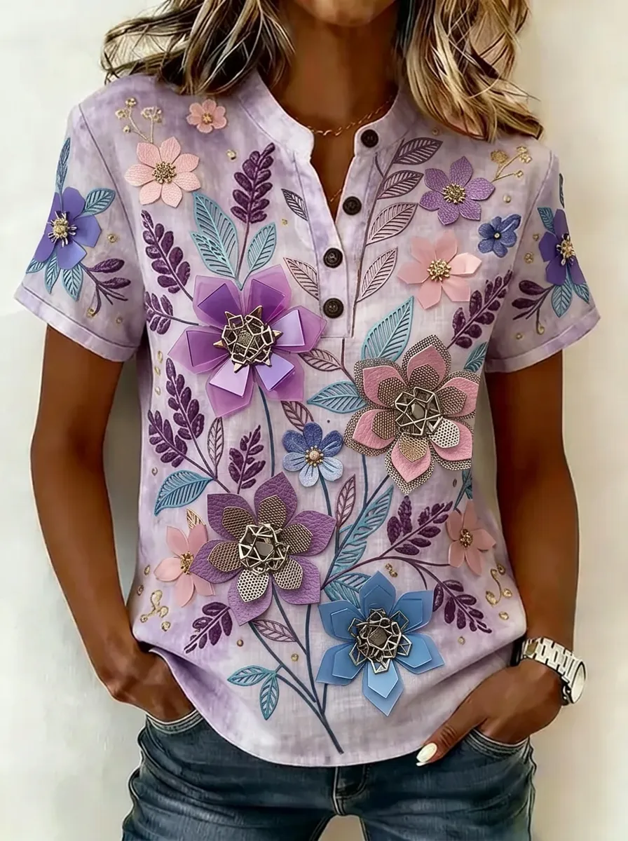 Women's Nashville Floral 3D Applique Printed Henley Shirt