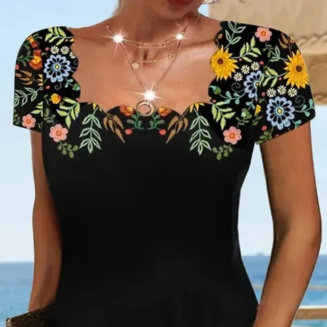 Women's Casual Dress Casual Dress Shift Dress Floral Print Ruched Print Square Neck Mini Dress Fashion Modern Daily Holiday Short Sleeve Regular Fit Black Summer Spring S M L XL XXL