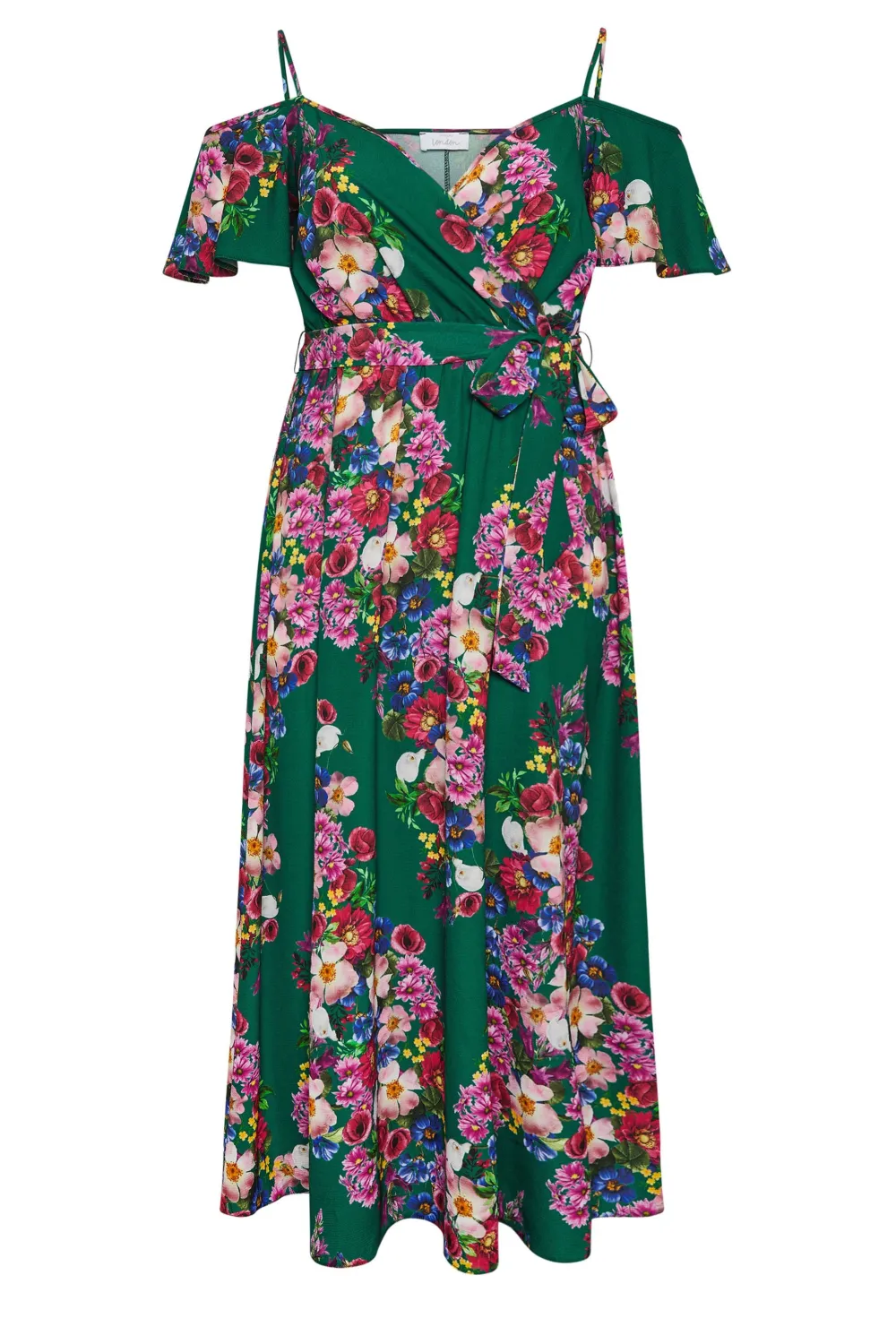 YOURS LONDON Curve Green Floral Print Cold Shoulder Wrap Dress