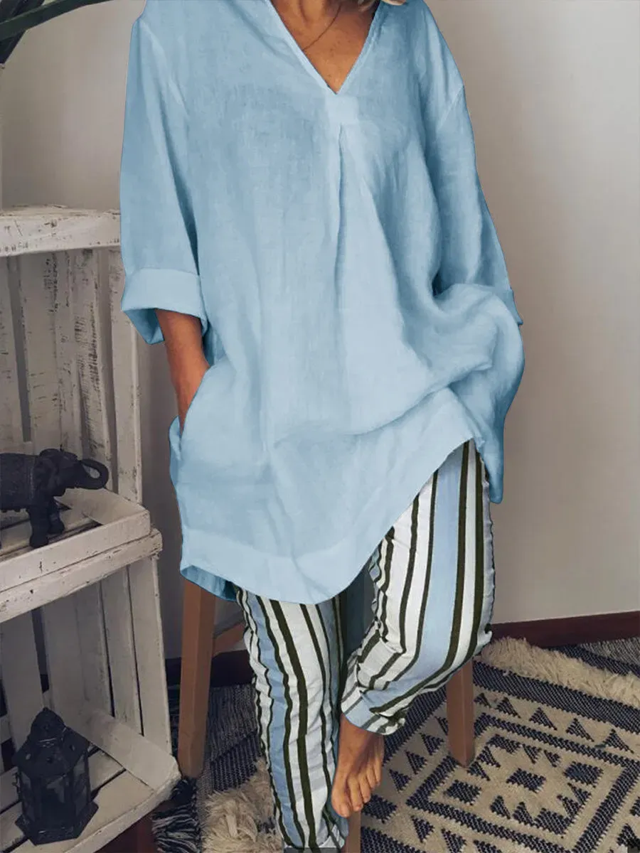 Women's V-neck Long Version Tee And Heavy Stripe Pants Suits