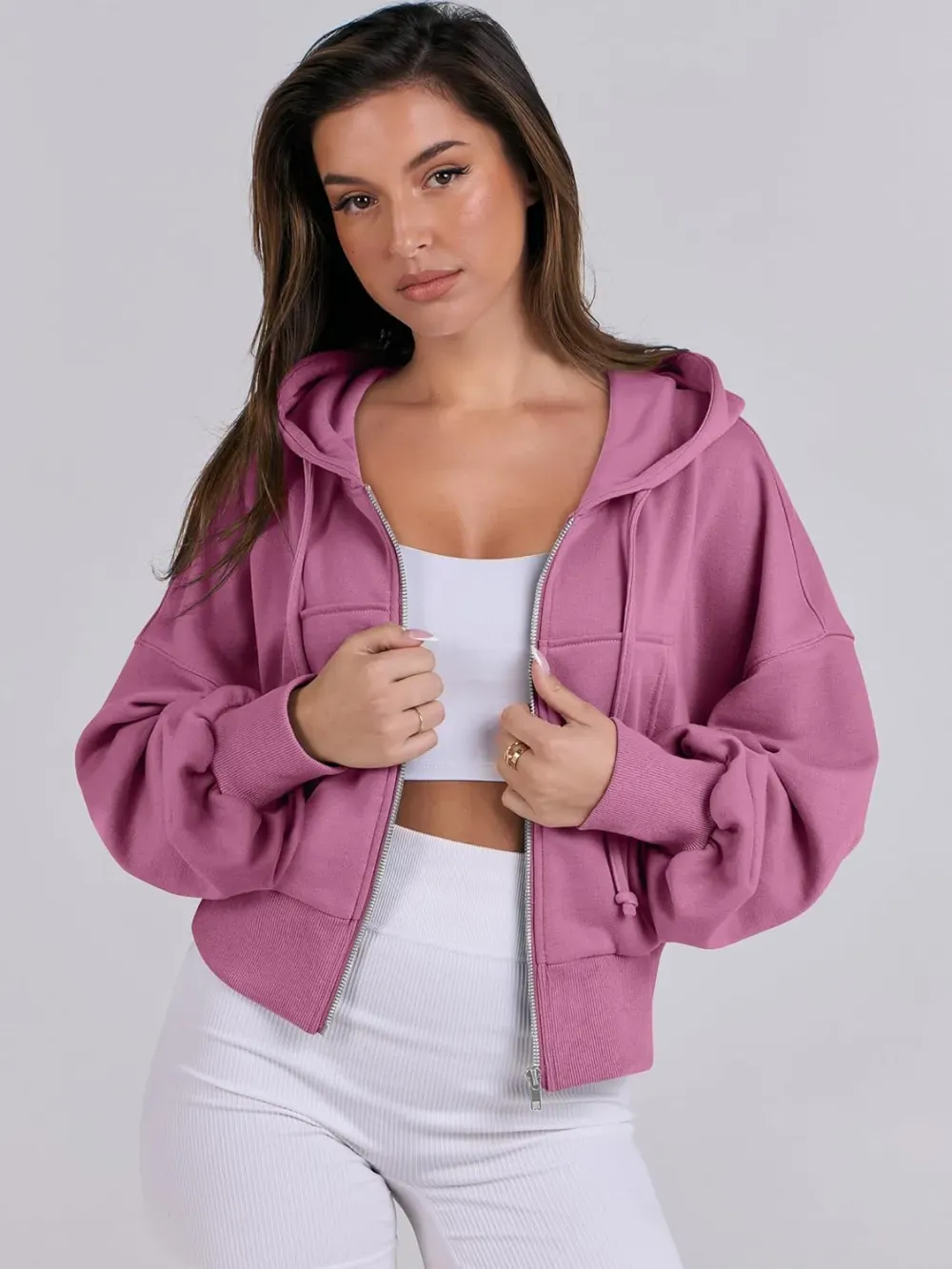 Women's Zip Up Hoodies Cropped Sweatshirts Full Zip Jackets Casual Fashion Fall Outfits Winter Clothes