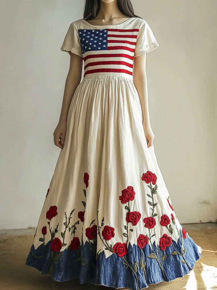 Flag Vintage Rose Floral Embroidered Women's Maxi Dress