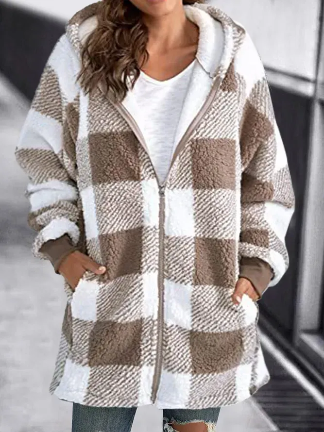 HOODIE PLAID LOOSE OVERCOAT