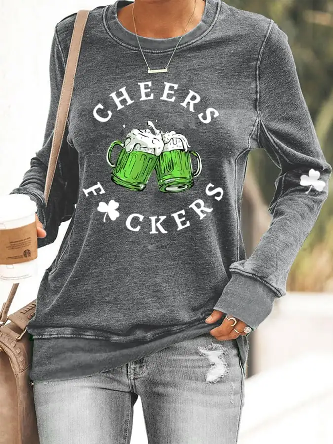 Women's Funny St. Patrick's Day Cheers Green Beer Shamrock Casual Sweatshirt