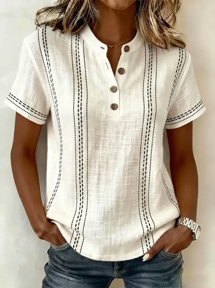 Women's Nashville Travel Vertical Stripe Printed Henley Shirt