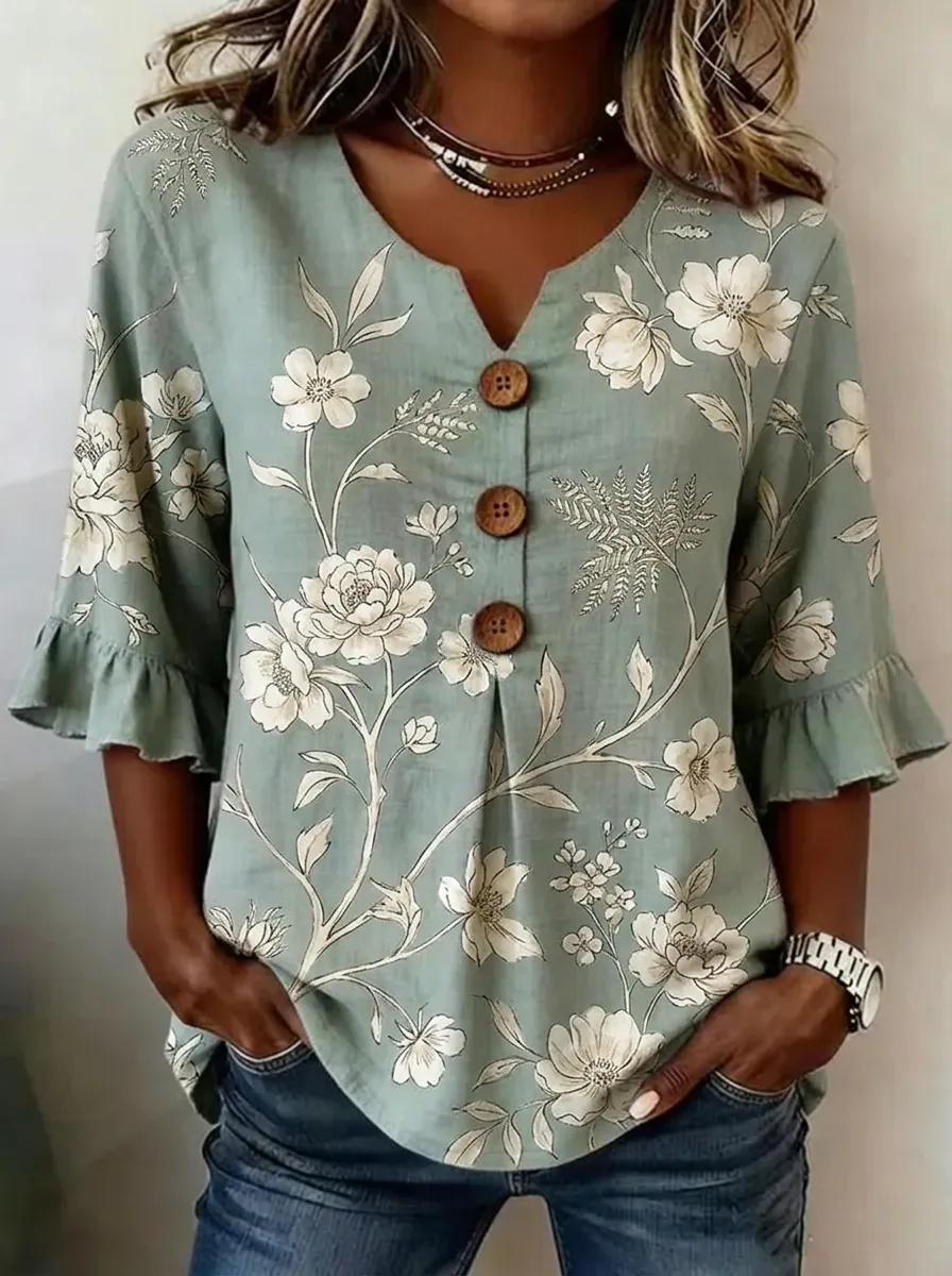 Women's Nashville Floral Botanical Printed Button V-Neck Top