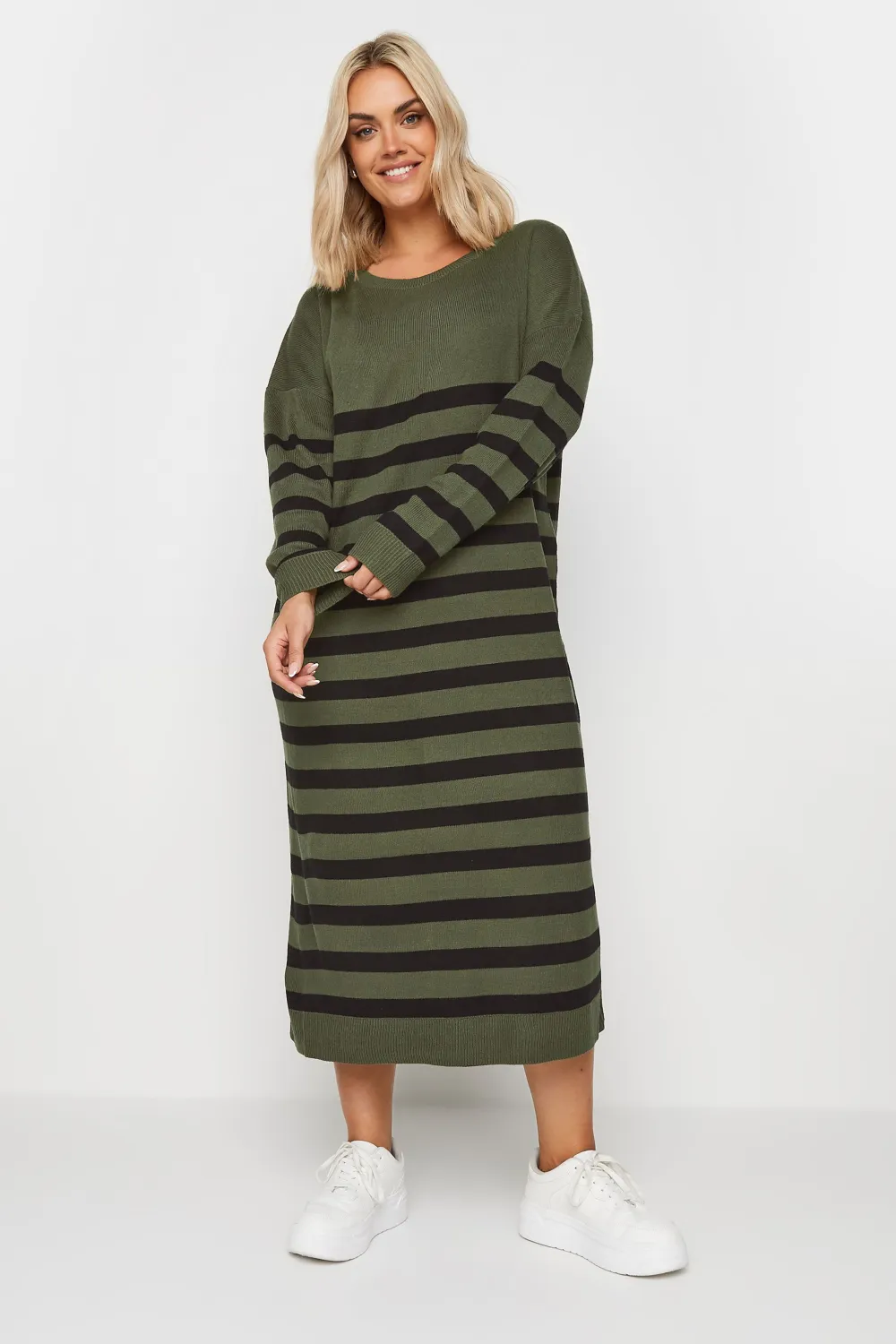 YOURS Curve Khaki Green Stripe Knitted Jumper Dress