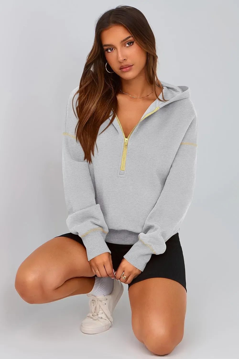Women's Hooded Sweatshirts Long Sleeve Half Zip Cropped Hoodie Pullover Winter Fashion Clothes