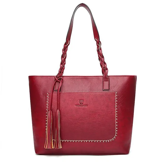 Women's Tote Shoulder Bag Tote PU Leather Office Daily Going out Tassel Large Capacity Solid Color Black Red Light Brown