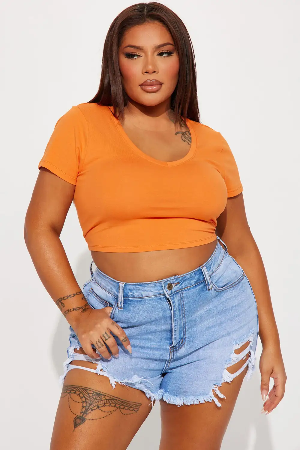 Carly V Neck Crop Tee - Orange