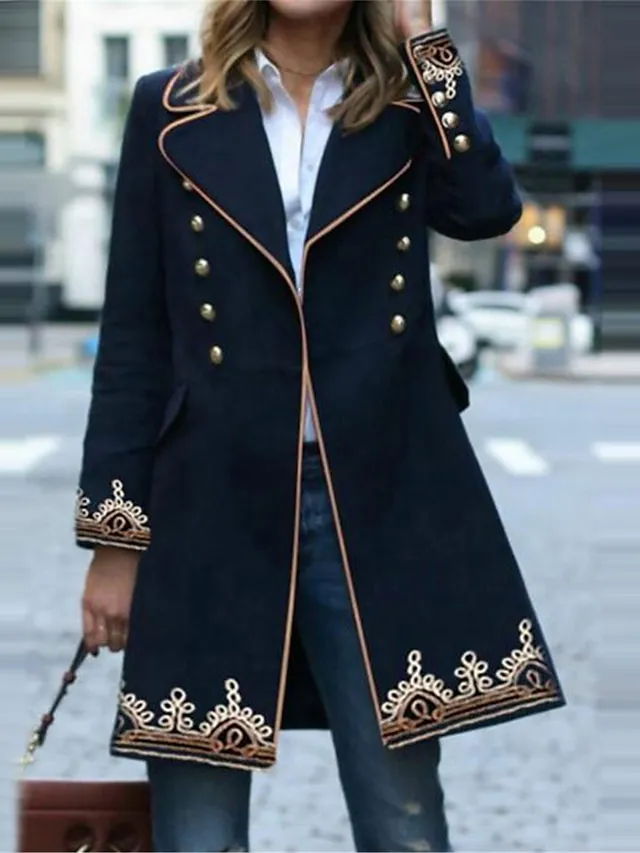 Women's Winter Coat Long Overcoat Fall Botton Lapel Pea Coat Floral Print Formal Comfortable Artistic Style Elegant Outerwear Long Sleeve Black S