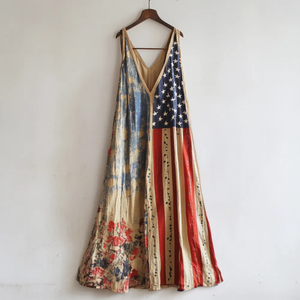 Women's Independence Day Flag And Floral Pattern Suspender Dress