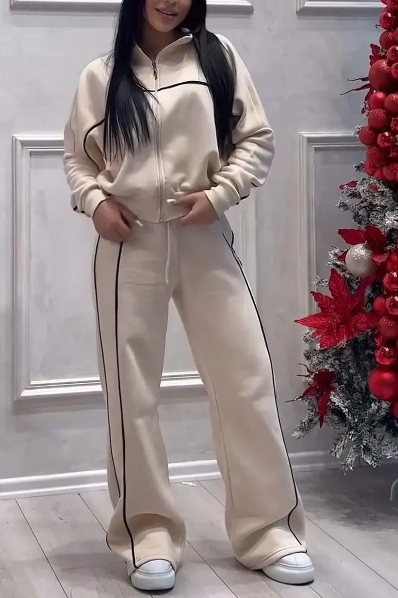 Women's casual sports zipper jacket wide leg pants suit