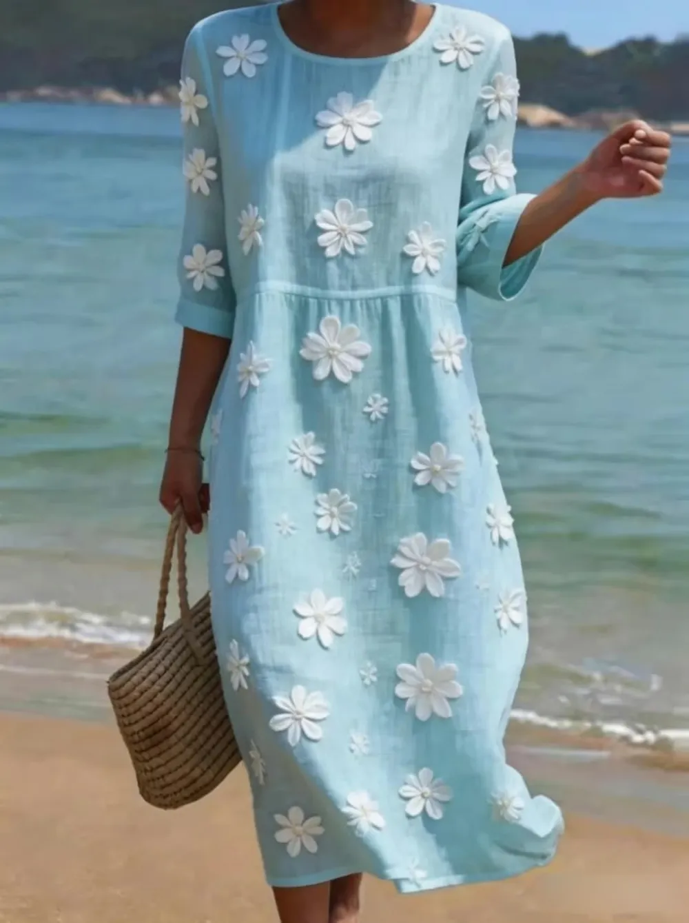 Women's Casual Round Neck Mid Sleeve Print Cotton and Linen Dress