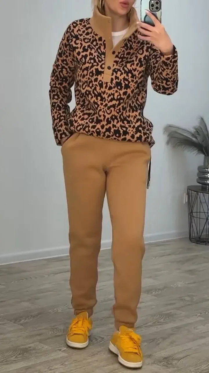 Women's High Collar Leopard Print Casual Warm Suit