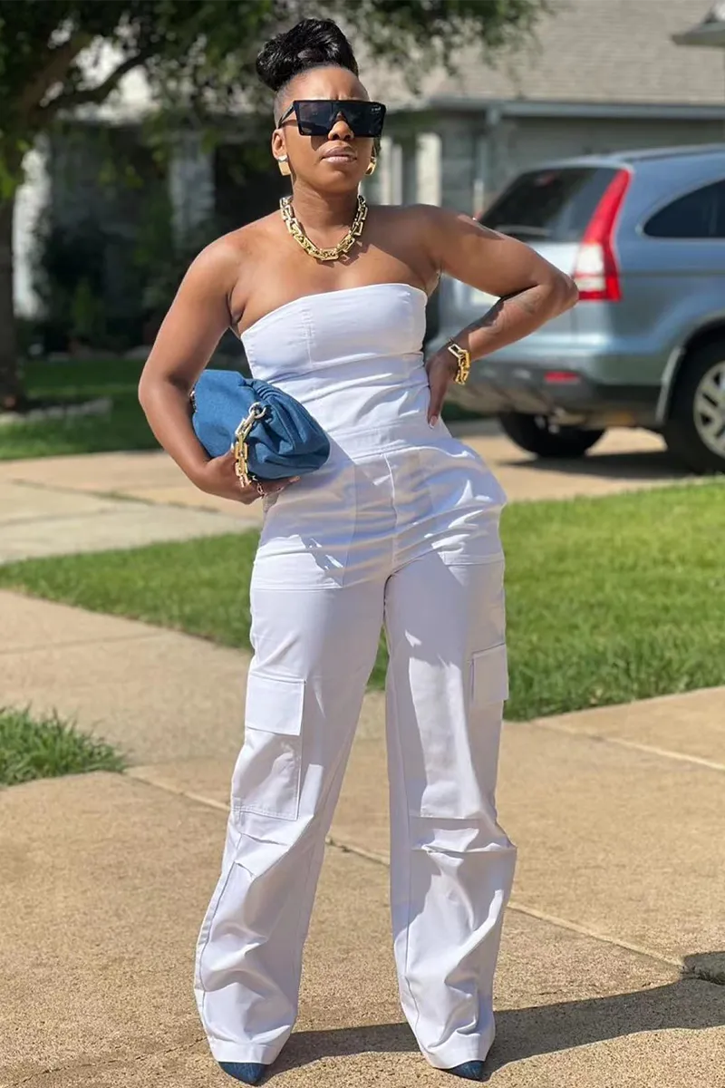 Strapless High Waist Straight Leg Pockets Cargo Jumpsuit-White