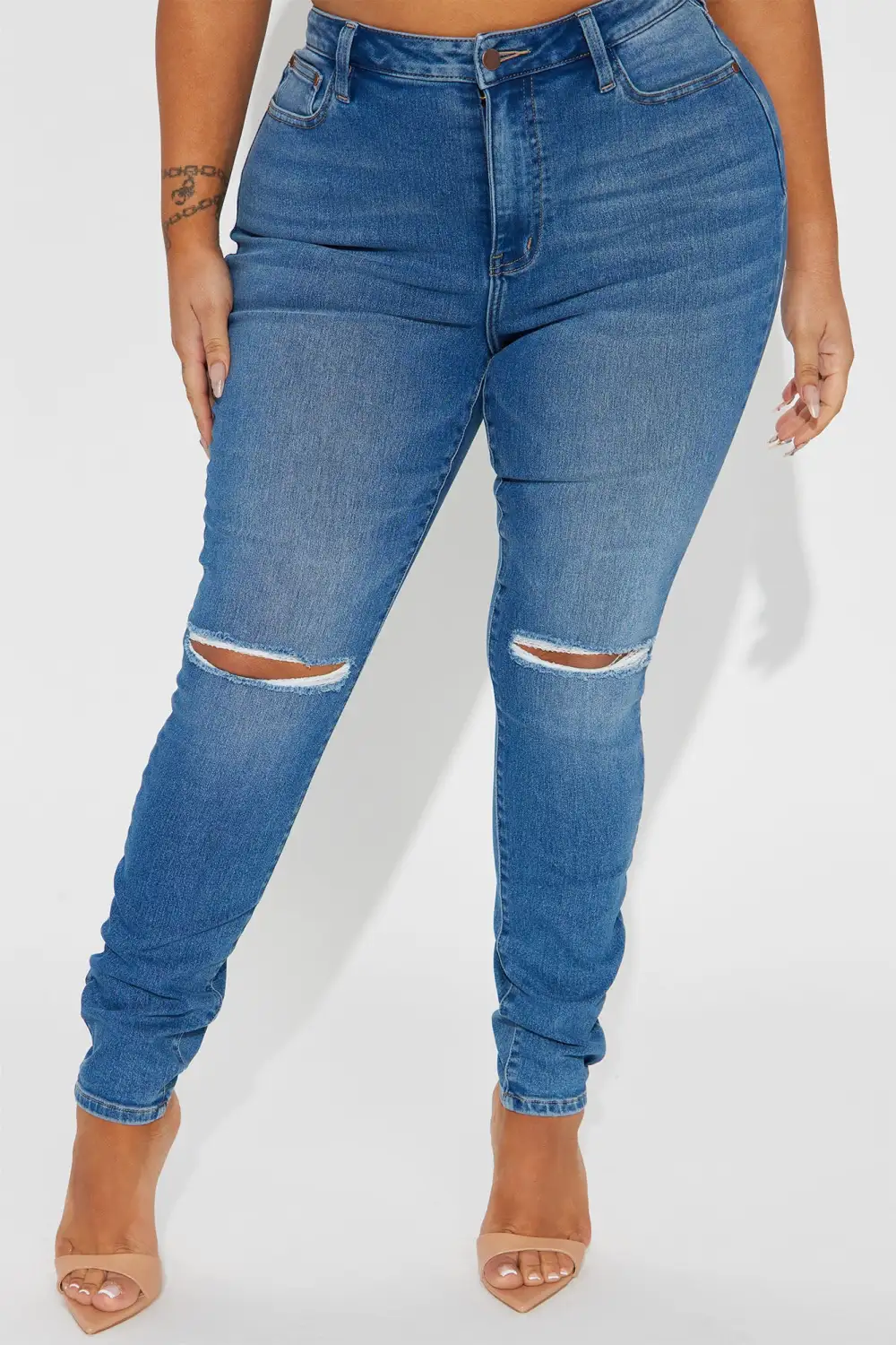Emerie Knee Slit Mid Rise Skinny Jeans - Medium Wash