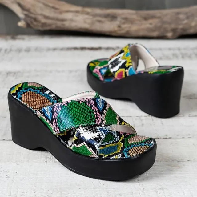 Women's Sandals Slippers Wedge Sandals Platform Sandals Plus Size Daily Beach Summer Platform Wedge Heel Open Toe Vintage Casual Faux Leather Loafer Color Block Black / White Snake pattern Black