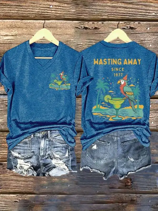 V Neck Retro Parrot Margarita Wasting Away Since 1977 Print T-Shirt