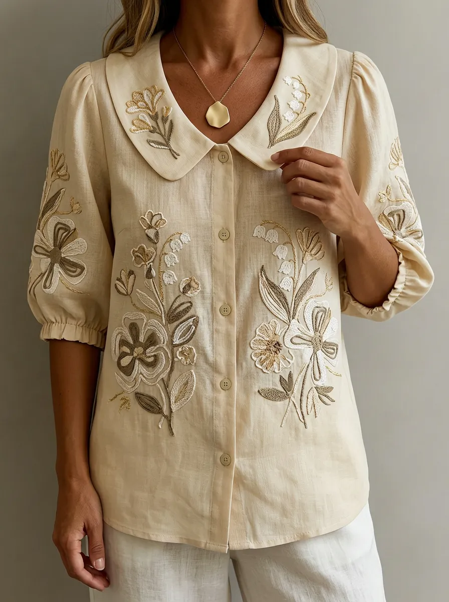 Women's Nashville Floral Embroidery Peter Pan Collar Printed Shirt