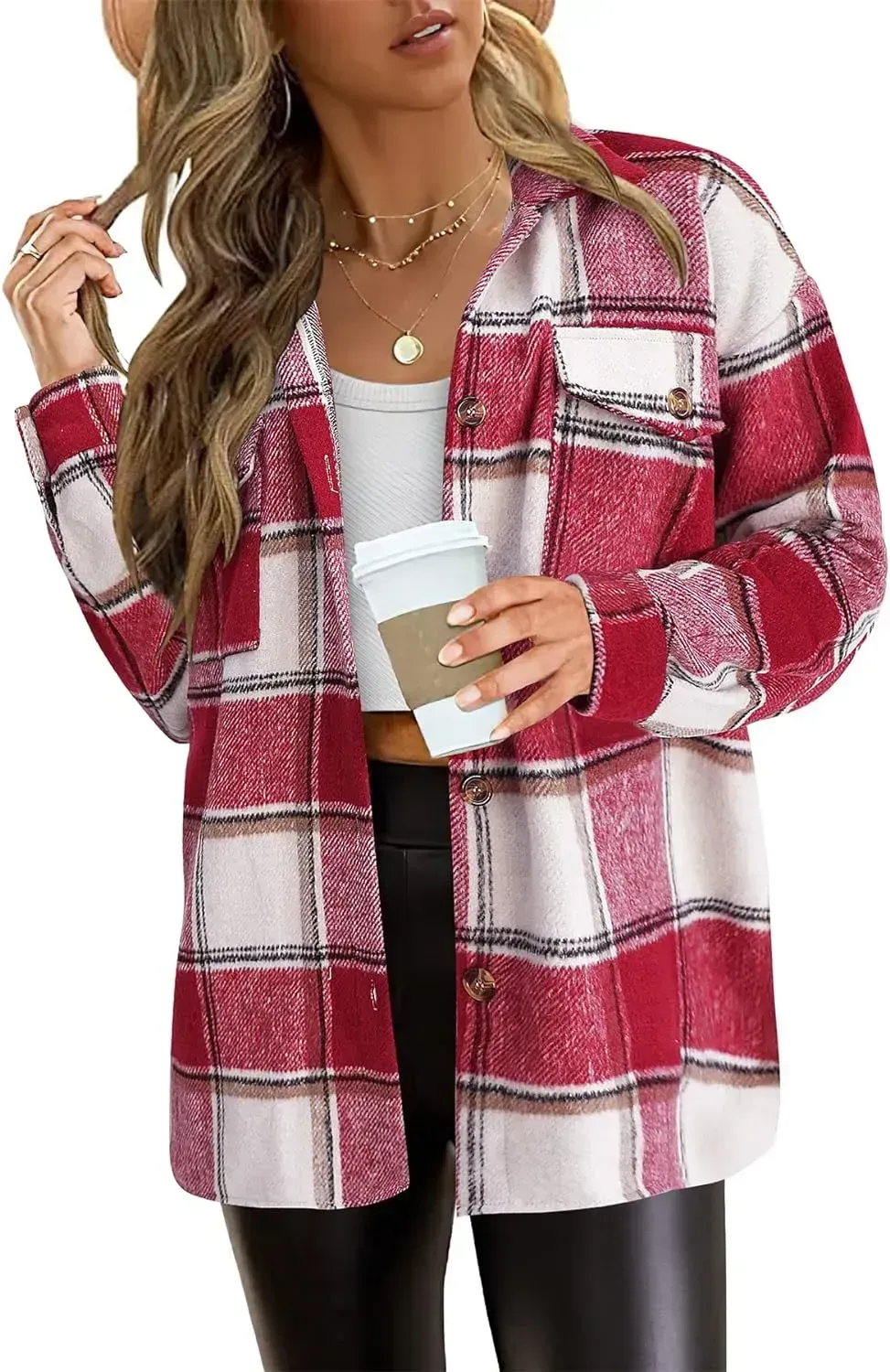 Women's 2023 Fall Clothes Plaid Shacket Jacket Long Sleeve Button Down Flannel Shirts Fashion Blouse