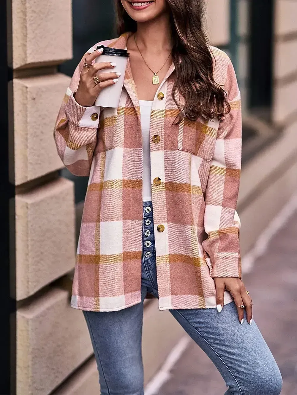Women's 2023 Fall Clothes Plaid Shacket Jacket Long Sleeve Button Down Flannel Shirts Fashion Blouse