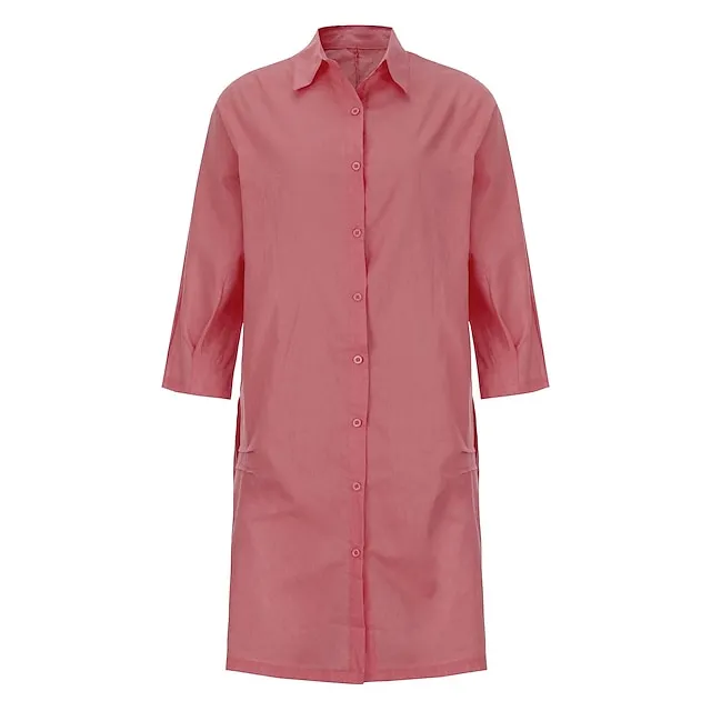 Women's Shirt Dress Casual Dress Cotton Linen Dress Midi Dress Cotton Blend Simple Basic Home Street Daily Shirt Collar Pocket Long Sleeve Summer Spring Fall 2023 Loose Fit Black White Yellow Pure