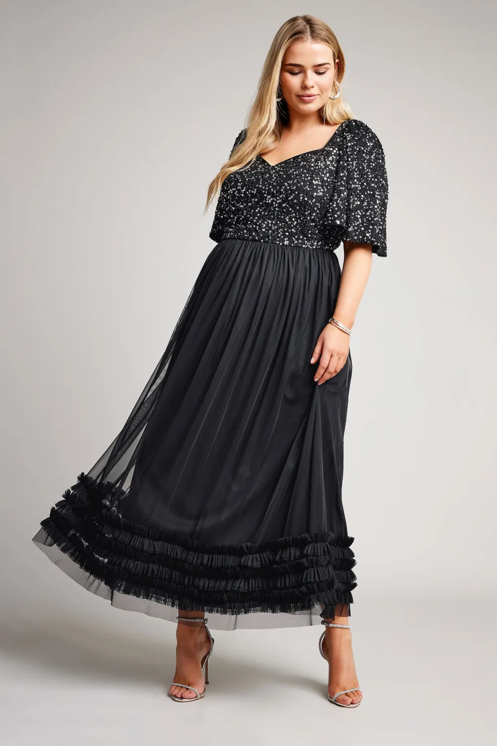 LUXE Curve Black Sequin Sweetheart Ruffle Maxi Dress