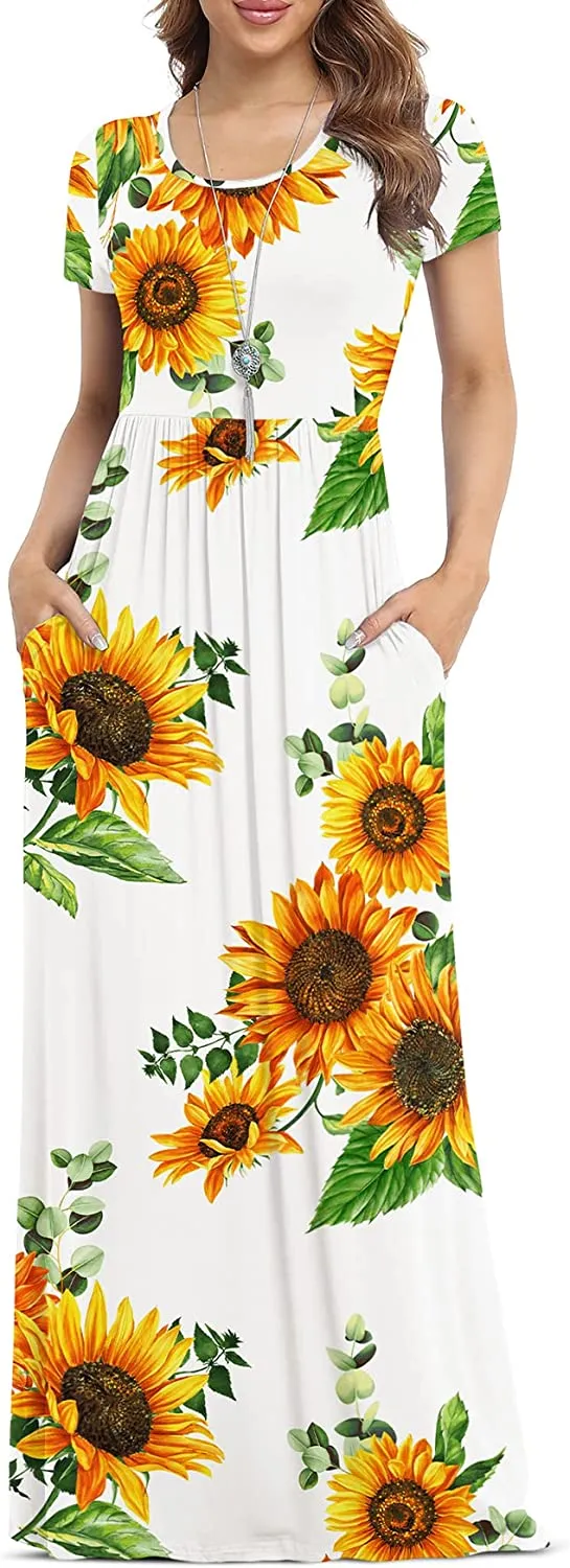 Women's Short Sleeve Loose Plain Maxi Dresses Casual Long Dresses with Pockets