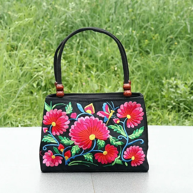 Women's Handbag Canvas Outdoor Holiday Embroidery Large Capacity Breathable Lightweight Folk Dark Red Black / Red Blue peacock