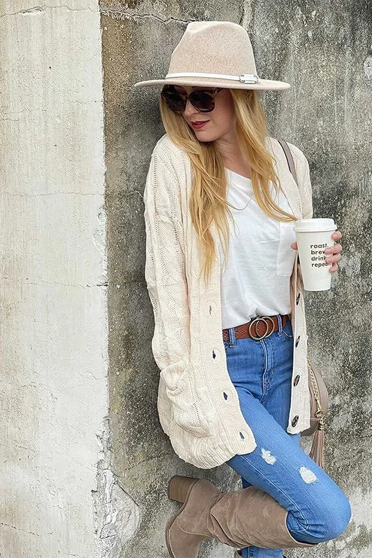 Knitted Solid Color Button Down Chunky Outwear Cardigan