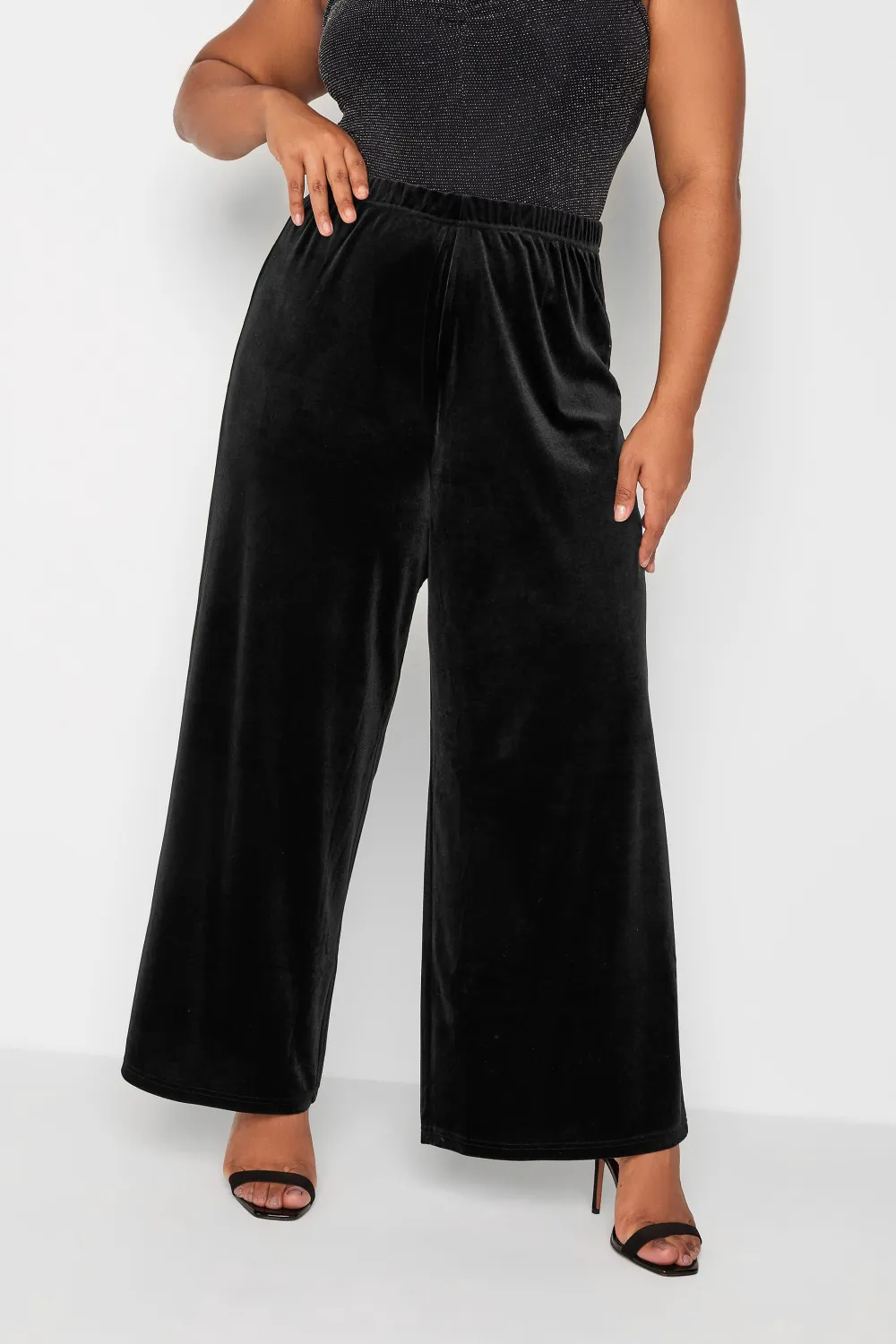 YOURS Curve Black Velvet Stretch Wide Leg Trousers