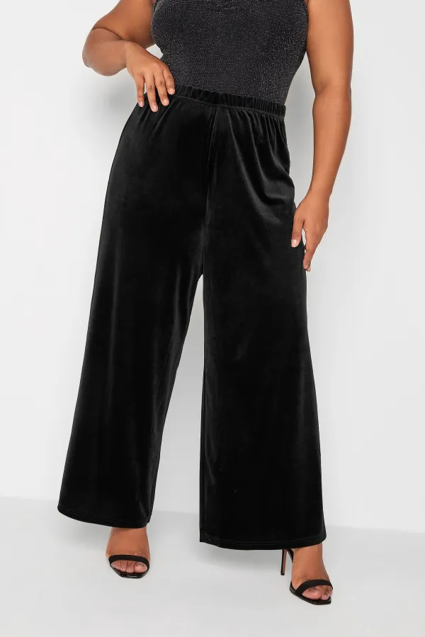 YOURS Curve Black Velvet Stretch Wide Leg Trousers