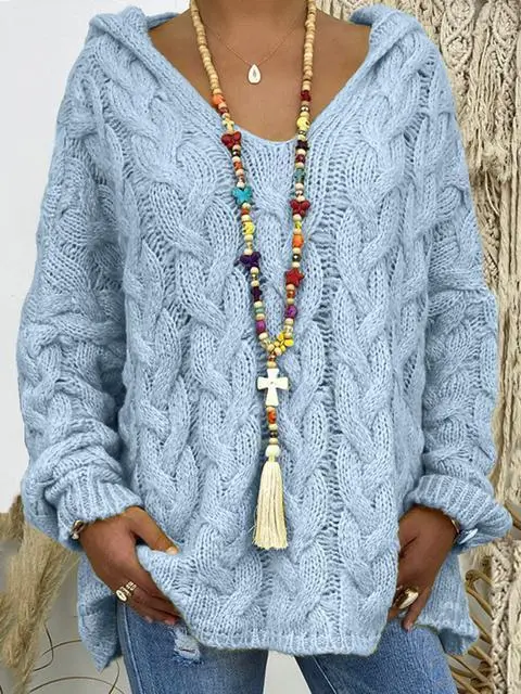Solid Color Twist Knitting Hoodie Sweater