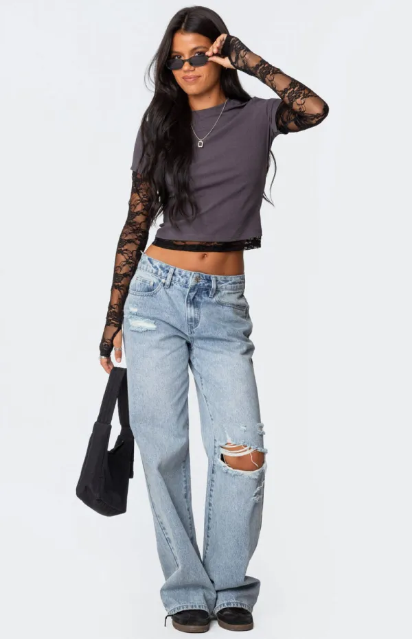 Edikted Layered Lace Sleeve T-Shirt