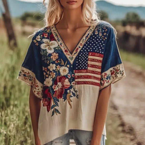 Women's Independence Day Flag Flower Embroidered V-neck Linen Blend T-shirt