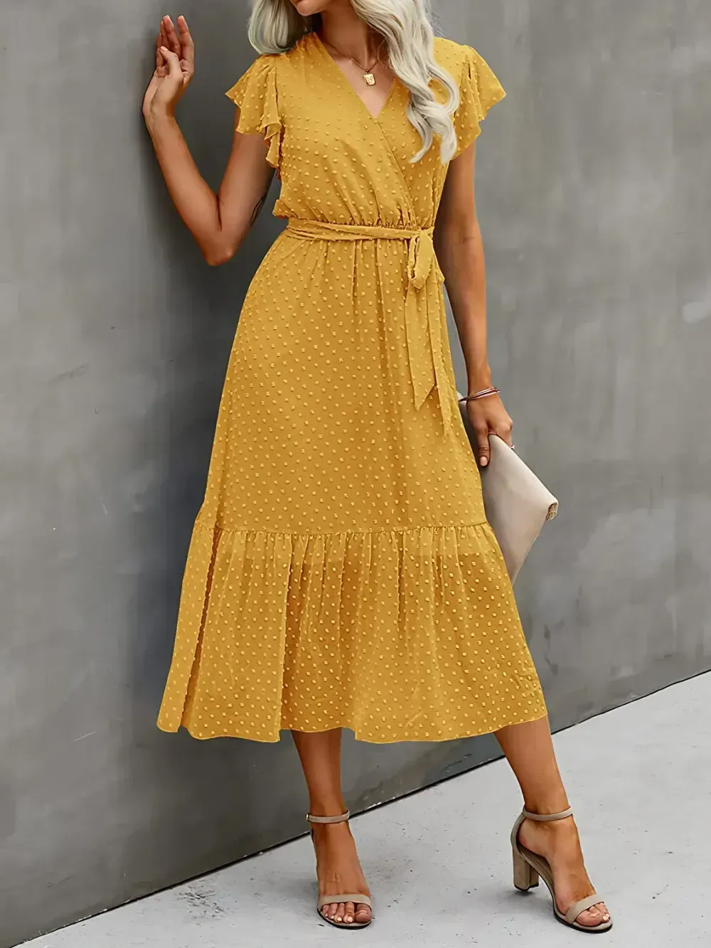 Women Summer Bohemian Floral Casual Wrap V Neck Ruffle Cap Sleeveless Belt A-Line Pleated Hem Swing Midi Sun Dress