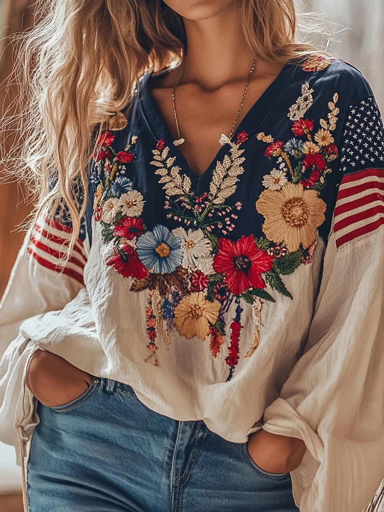 Vintage American Flag Floral Embroidery Cotton And Linen V-neck Shirt