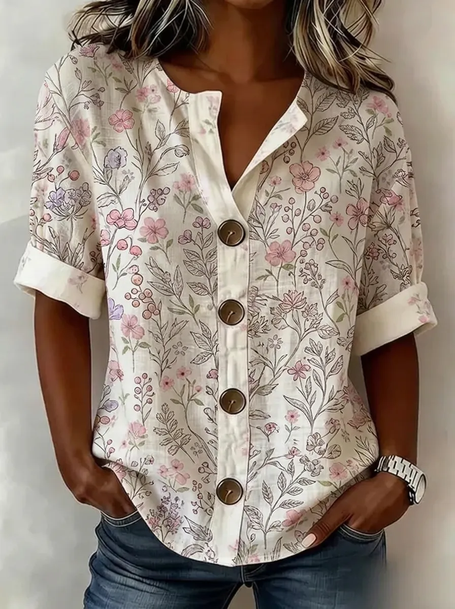 Women's Nashville Floral Botanical Printed Button-Down Shirt
