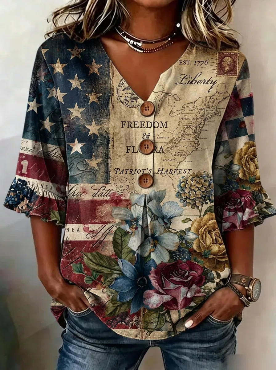 Women's Nashville Patriotic Flag Floral Map Printed V-neck Top