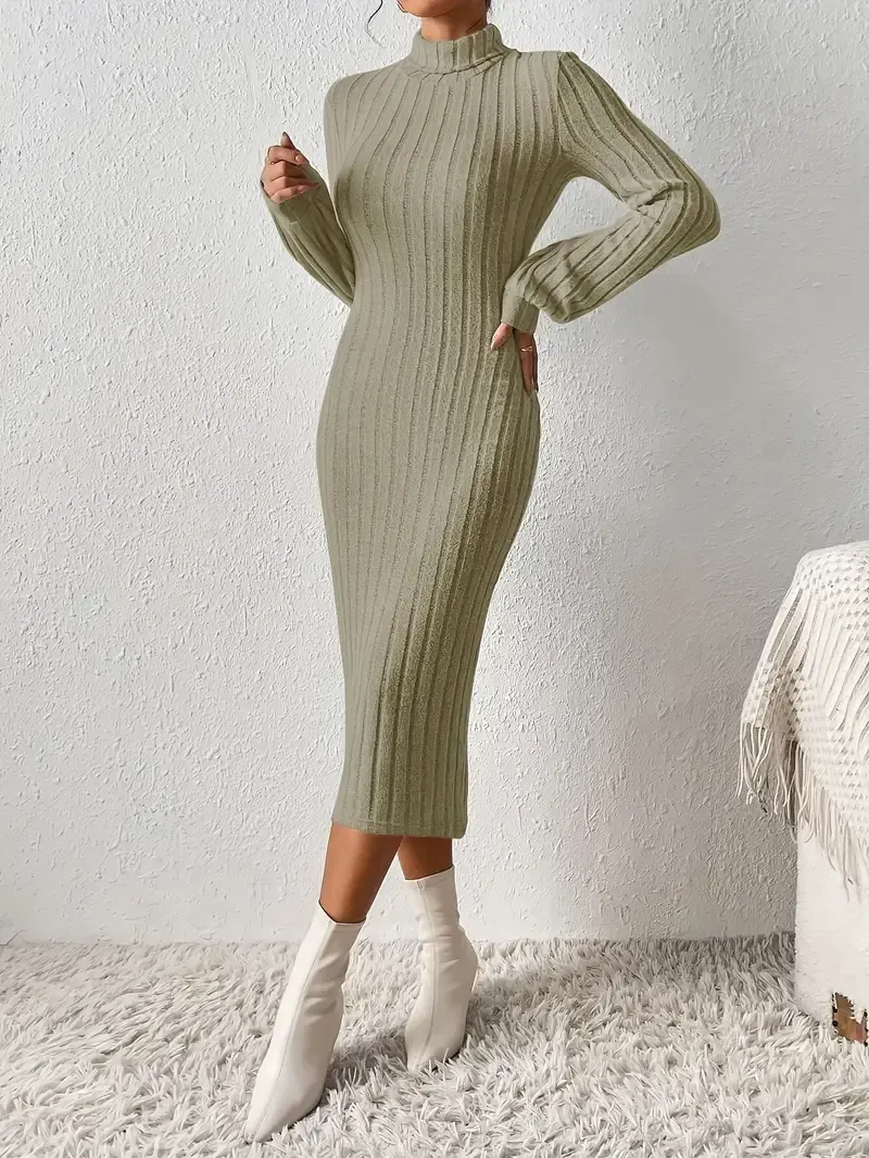 Ribbed Solid Bodycon Dress, Elegant Turtleneck Long Sleeve Dress, Women's Clothing