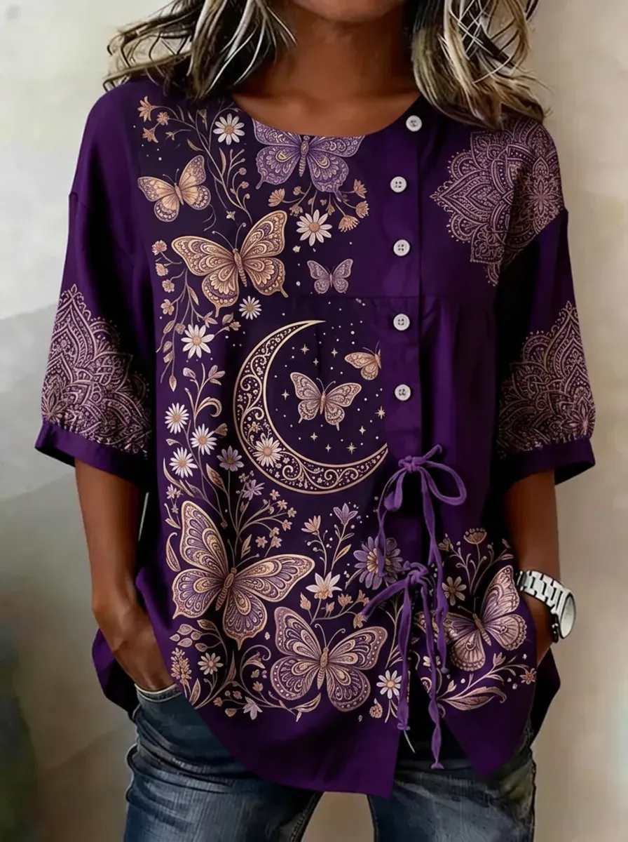 Women's Nashville Butterfly Moon Floral Printed Button-up Shirt
