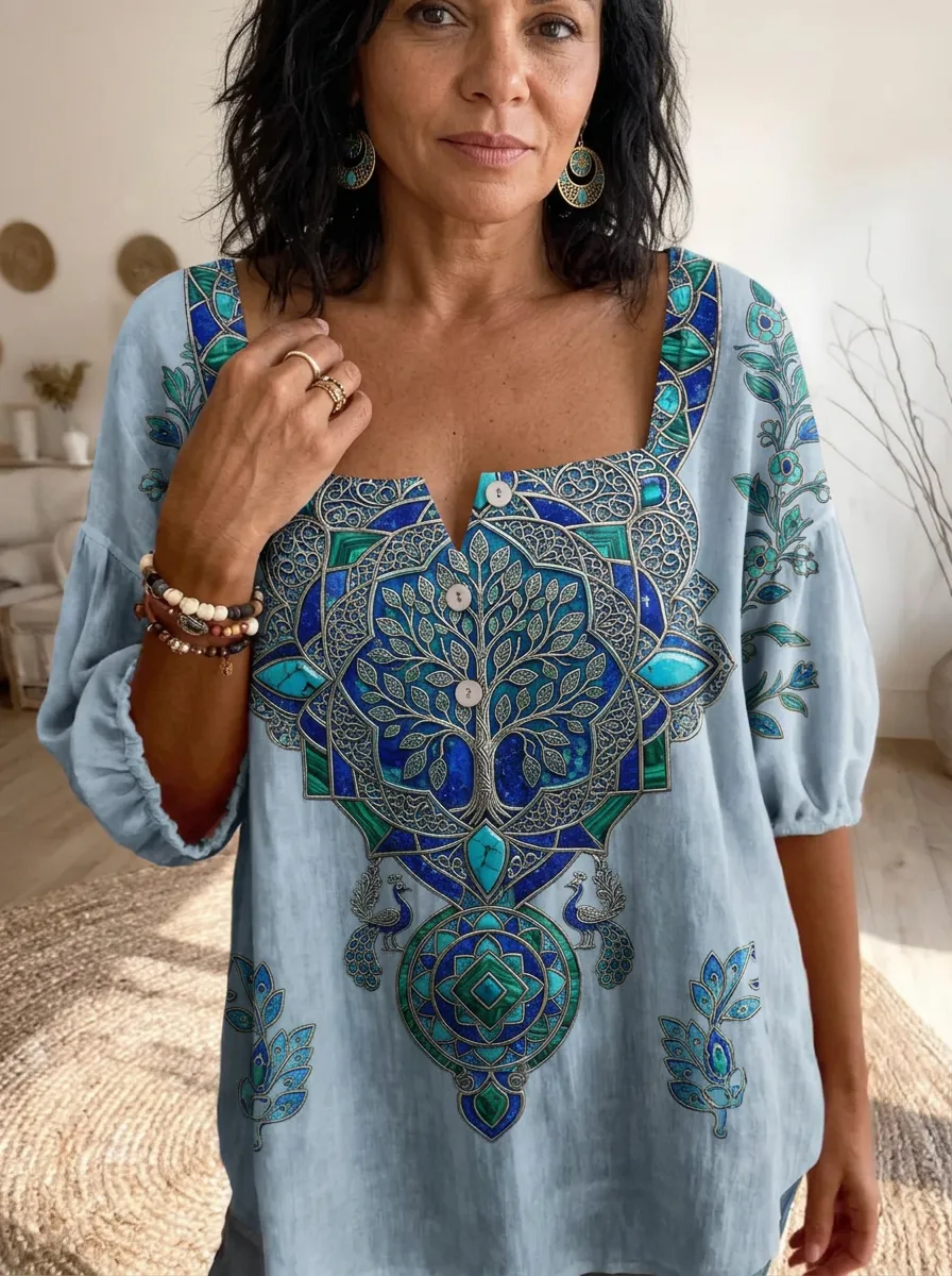 Women's Nashville Tree of Life Peacock Printed Square Neck Top