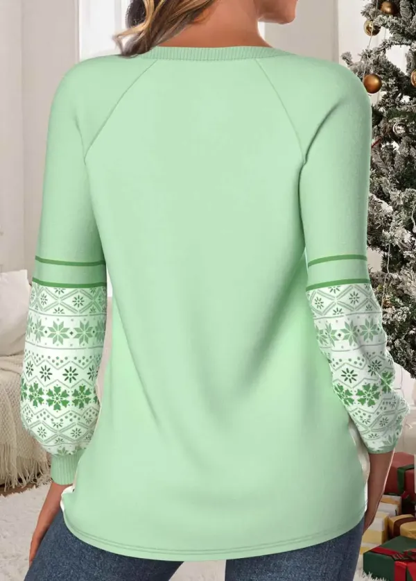 Christmas Light Green Patchwork Long Sleeve Round Neck Sweatshirt