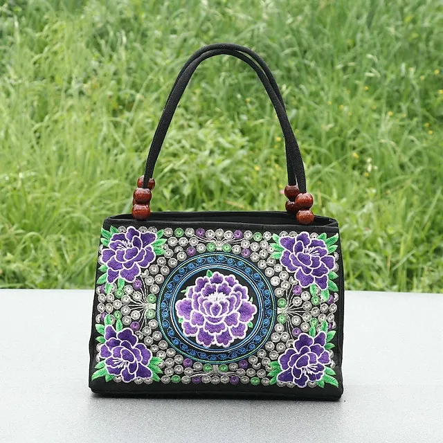 Women's Handbag Canvas Outdoor Holiday Embroidery Large Capacity Breathable Lightweight Folk Dark Red Black / Red Blue peacock