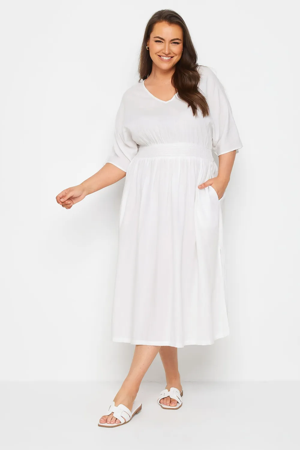 YOURS Curve White Linen Shirred Midaxi Dress