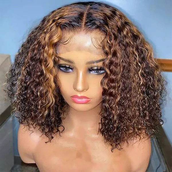 Sterly Mix Color Brown Curly Bob Wig Affordable 13X4 Highlight Frontal Lace Wig